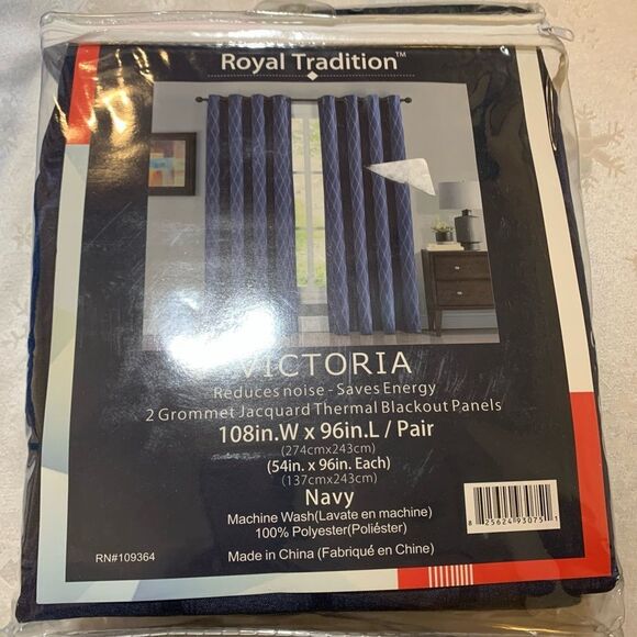 Royal Tradition Victoria Navy Jacquard Black Out Curtains Blue Thermo Lined NWT